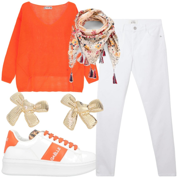 Outfit donna - Arancio su bianco. Stile Casual chic per Tutti i giorni. Abbinamento con sneakers, foulard, pantaloni, maglieria, orecchini.