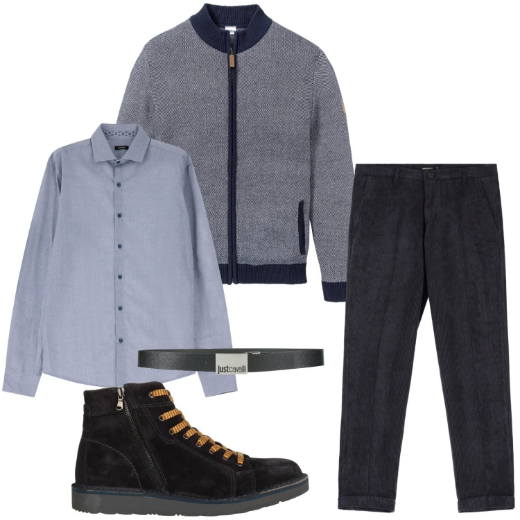 Outfit uomo - Camicia easy. Stile Urban per Ufficio. Abbinamento con cardigans, stivali e stivaletti, cinture, pantaloni, camicie.