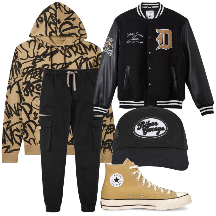 Outfit uomo - Casual boy. Stile Casual per Tutti i giorni. Abbinamento con pantaloni cargo, cappelli, bomber, felpe con cappuccio, sneakers.