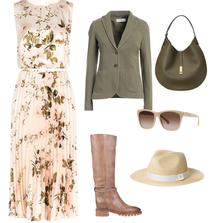 Outfit donna - Passeggiata in città. Stile Boho per Tutti i giorni. Abbinamento con blazer, stivali, vestiti midi/longuette, occhiali da sole, borse a spalla, cappelli.