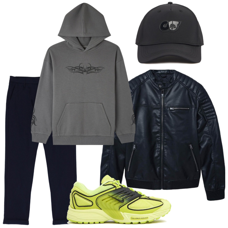Outfit uomo - Charme e comfort. Stile Trendy per Tutti i giorni. Abbinamento con giacche, felpe con cappuccio, pantaloni, sneakers, cappelli.