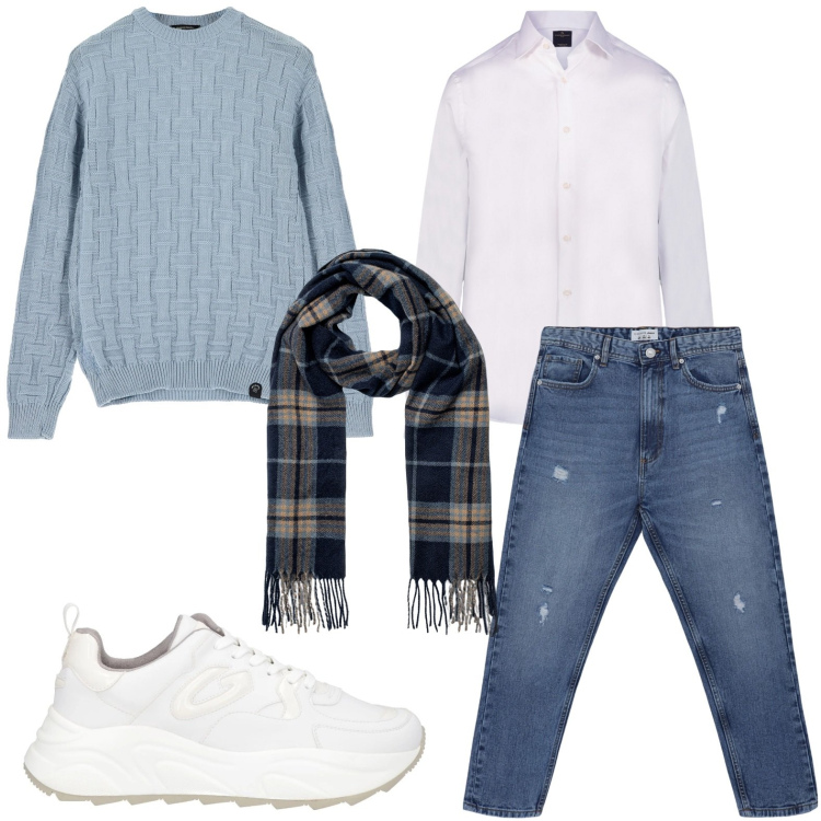 Outfit uomo - Winter in blue. Stile Trendy per Tutti i giorni. Abbinamento con sneakers, jeans strappati, maglieria, camicie, sciarpe.