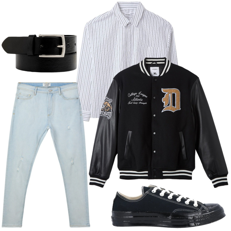 Outfit uomo - Sneackers e giacca. Stile Trendy per Tutti i giorni. Abbinamento con sneakers, camicie a manica corta, bomber, jeans strappati, cinture.