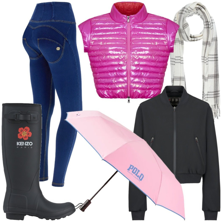 Outfit donna - Sotto la pioggia. Stile Casual chic per Tutti i giorni. Abbinamento con sciarpe, stivali di gomma, jeggings, polo, blazer, bomber.
