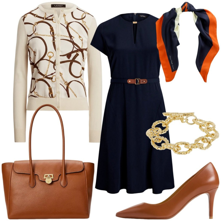 Outfit donna - Appuntamento in centro dopo l\'ufficio. Stile Bon Ton per Tutti i giorni. Abbinamento con décolleté, borse a mano, vestiti, cardigans, foulard, braccialetti.