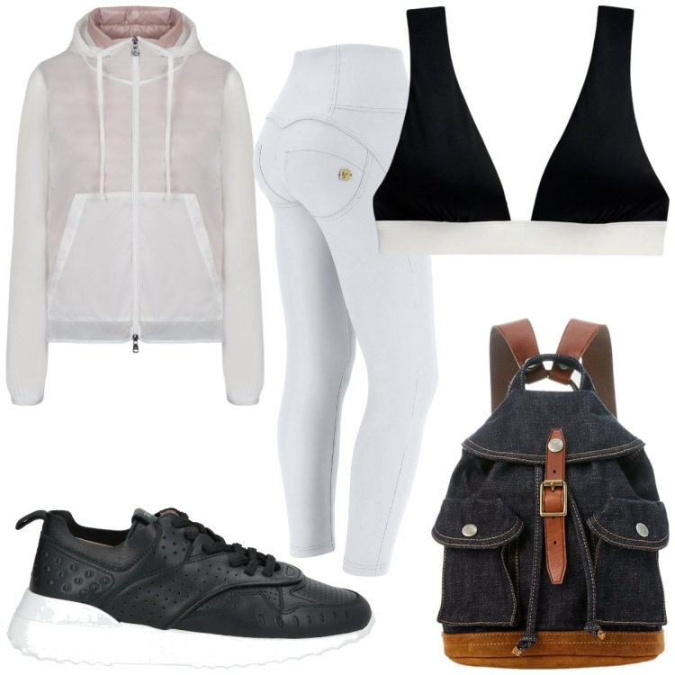 Outfit donna - Total look #2055605. Stile Trendy per Sport. Abbinamento con sneakers, pantaloni skinny, zaini, top, blazer.
