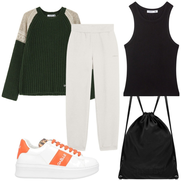 Outfit donna - Total look #2055609. Stile Basic per Tutti i giorni. Abbinamento con sneakers, top sportivi, pullovers, zaini, pantaloni.