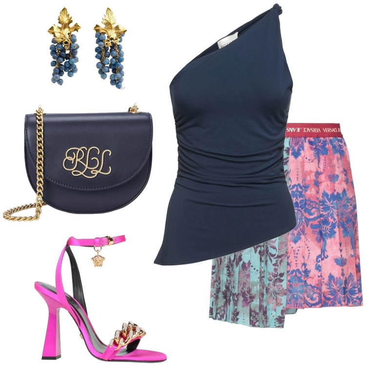 Outfit donna - Serata al mare. Stile Sexy per Serata fuori. Abbinamento con minigonne, sandali in pelle, borse a tracolla, top, orecchini.