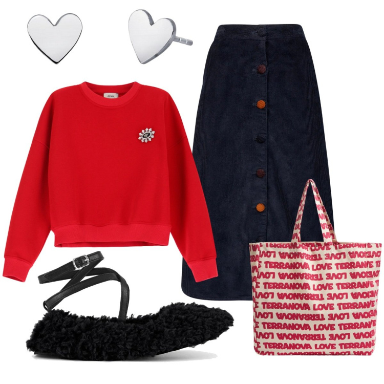 Outfit donna - Diverse forme di amore. Stile Casual chic per Serata fuori. Abbinamento con borse tote, orecchini, felpe, gonne longuette, ballerine.