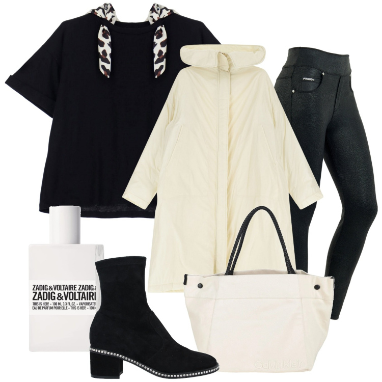 Outfit donna - Bianco e nero. Stile Urban per Tutti i giorni. Abbinamento con borse a mano, stivaletti, profumi, t-shirt, jeans skinny, parka.