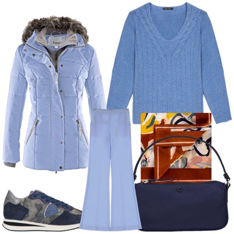 Outfit donna - Celeste. Stile Casual per Tutti i giorni. Abbinamento con piumini, sneakers, foulard, pantaloni, pochette, maglieria.