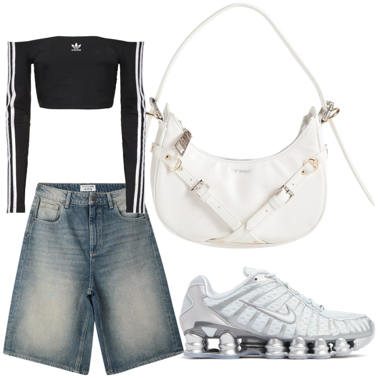 Outfit donna - Sporty chic. Stile Urban per Tutti i giorni. Abbinamento con borse a mano, bermuda, sneakers, top.