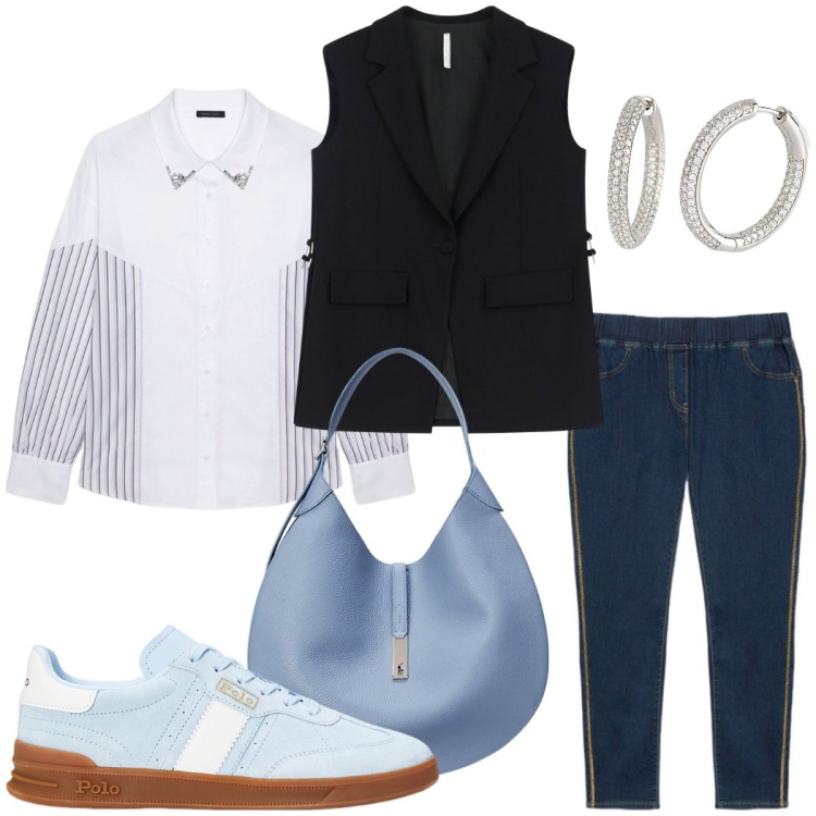 Outfit donna - In ufficio. Stile Casual chic per Ufficio. Abbinamento con orecchini, gilet, sneakers, borse a spalla, camicie, jeggings.