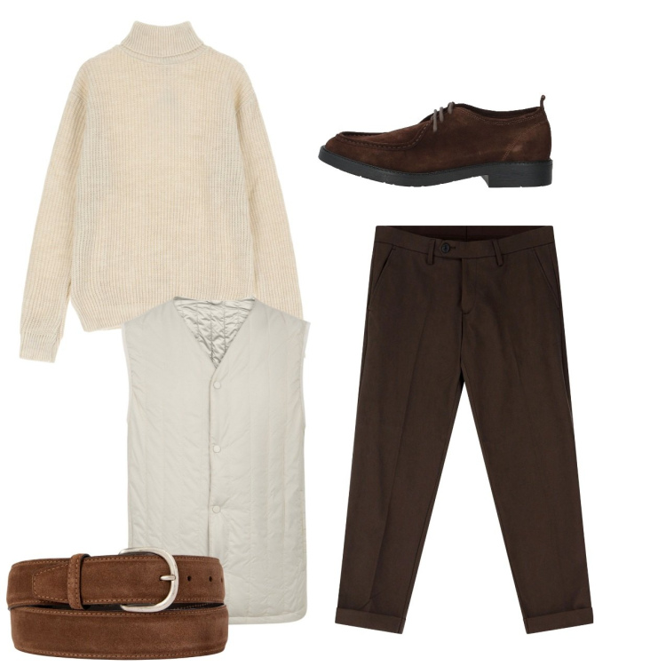 Outfit uomo - Bianco a febbraio. Stile Casual per Tutti i giorni. Abbinamento con scarpe stringate, maglieria, pantaloni chino, cinture, piumini.