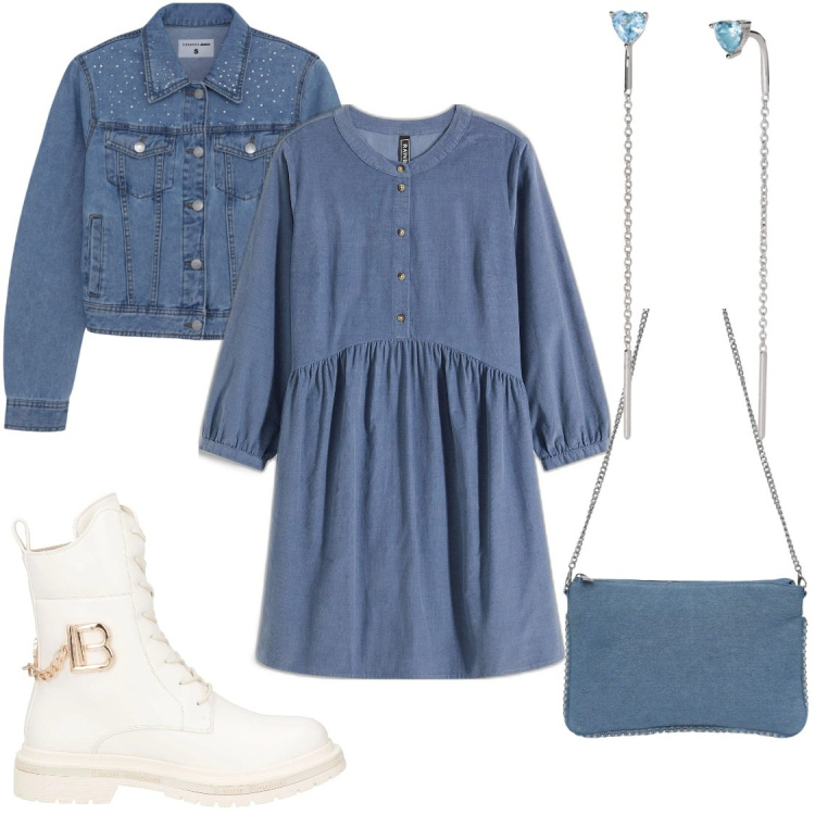 Outfit donna - Il vestitino in primavera. Stile Chic per Tutti i giorni. Abbinamento con vestiti, anfibi, orecchini, borse a tracolla, cappotti.