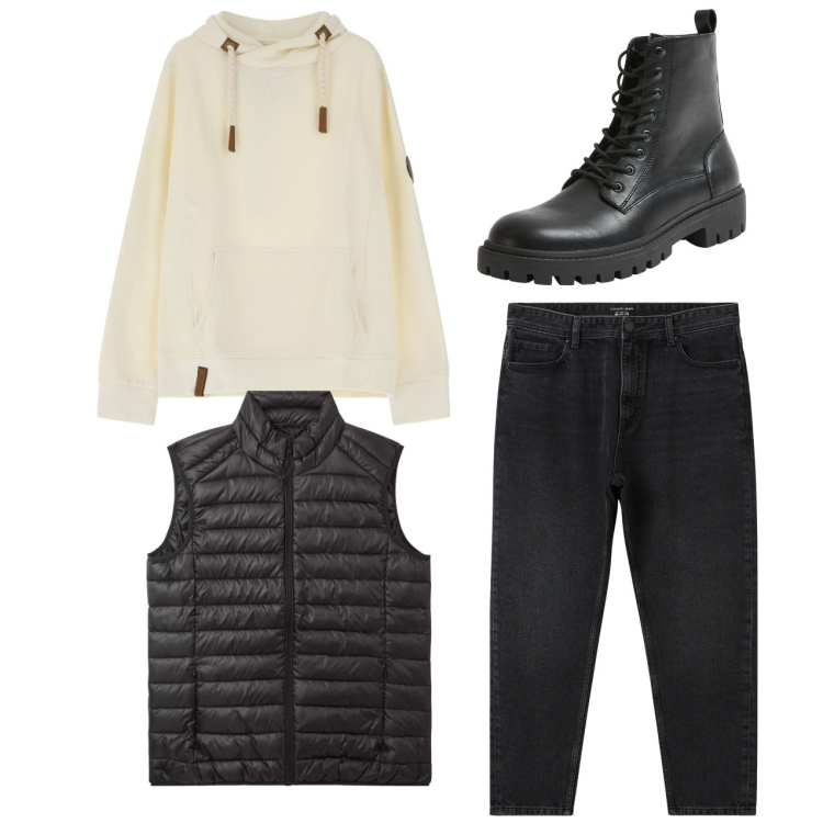 Outfit uomo - Fine febbraio. Stile Casual per Tutti i giorni. Abbinamento con piumini, anfibi, jeans, felpe con cappuccio.