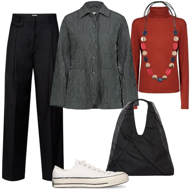 Outfit donna - Total look #2055635. Stile Mannish per Tutti i giorni. Abbinamento con maglieria, shopping bag, collane, sneakers, blazer, pantaloni.