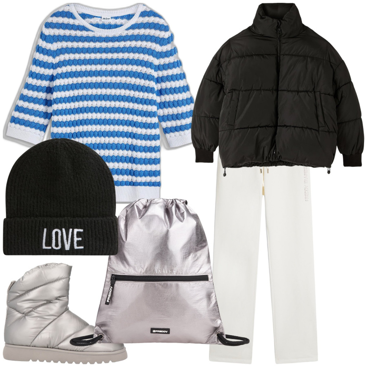 Outfit donna - Weekend marino d amore. Stile Casual chic per Mare. Abbinamento con maglieria, stivaletti, piumini, berretti, pantaloni, zaini.