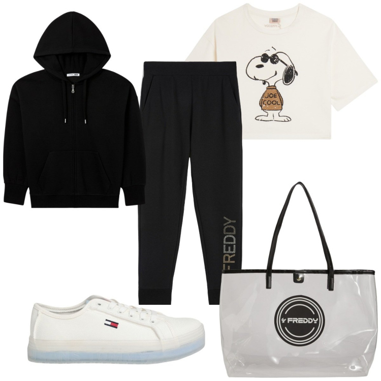 Outfit donna - Total look #2055641. Stile Trendy per Sport. Abbinamento con sneakers, felpe con cappuccio, shopping bag, t-shirt, pantaloni.