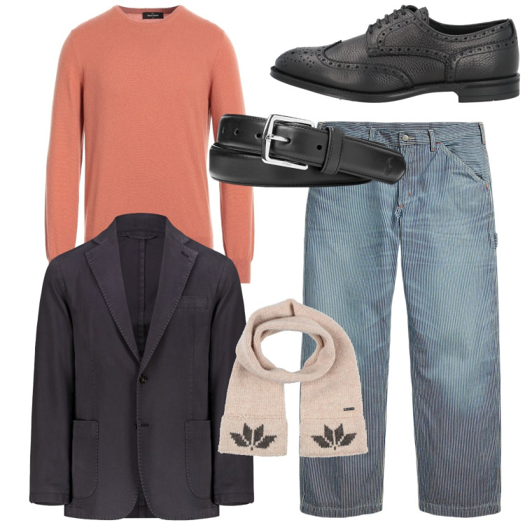 Outfit uomo - Pesca e grigio. Stile Casual per Tutti i giorni. Abbinamento con scarpe stringate, pullovers, sciarpe, cinture, jeans, giacche.