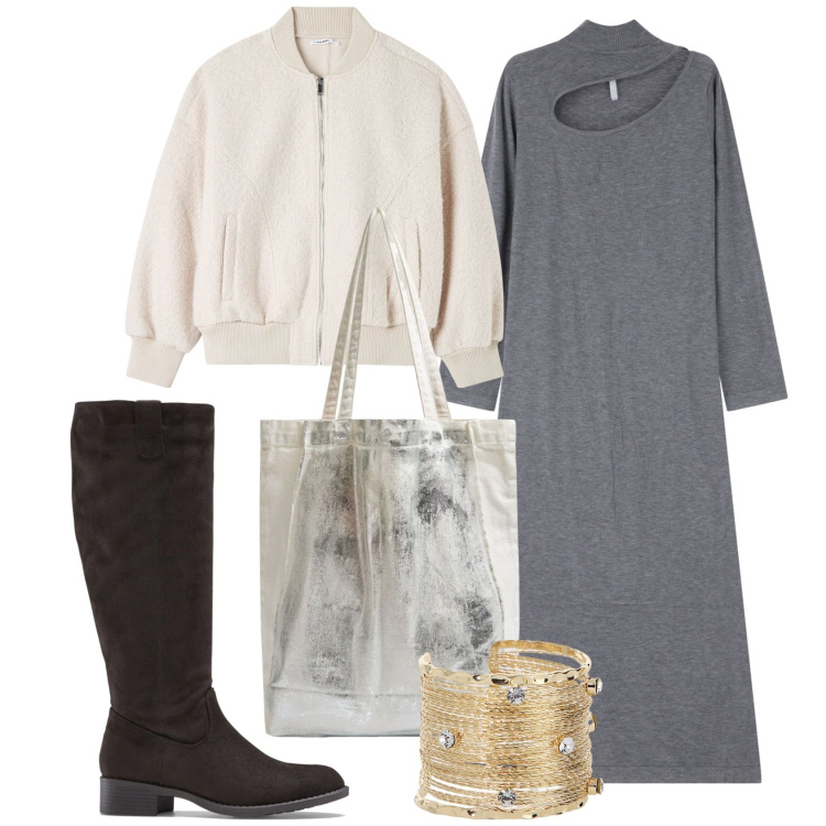 Outfit donna - Un tocco di oro. Stile Trendy per Tutti i giorni. Abbinamento con stivali, bomber, shopping bag, vestiti asimmetrici, braccialetti.