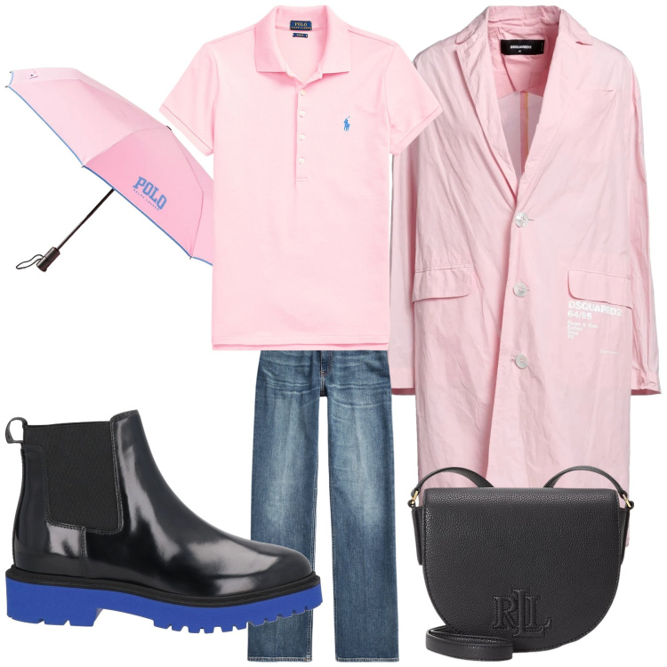 Outfit donna - Pink rain. Stile Bon Ton per Tutti i giorni. Abbinamento con trench, stivaletti chelsea, polo, jeans dritti, borse a tracolla, polo.