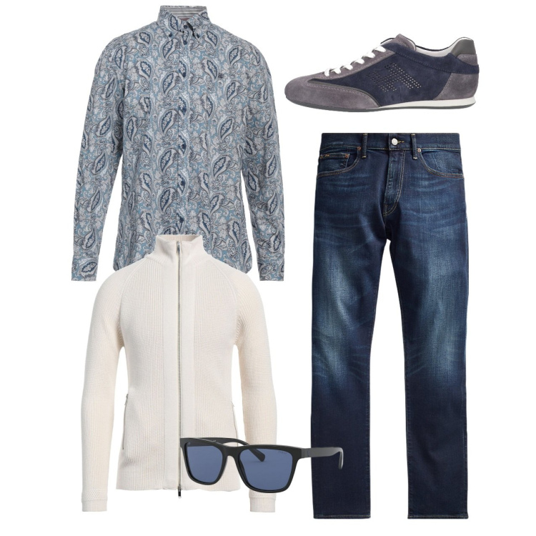 Outfit uomo - Un look pulito. Stile Casual per Tutti i giorni. Abbinamento con camicie, cardigans, sneakers, jeans, occhiali da sole.