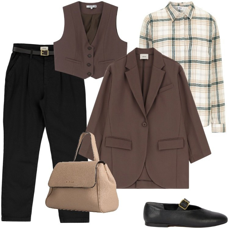 Outfit donna - Total look #2055655. Stile Mannish per Tutti i giorni. Abbinamento con camicie, zaini, gilet, blazer, pantaloni chino, ballerine.