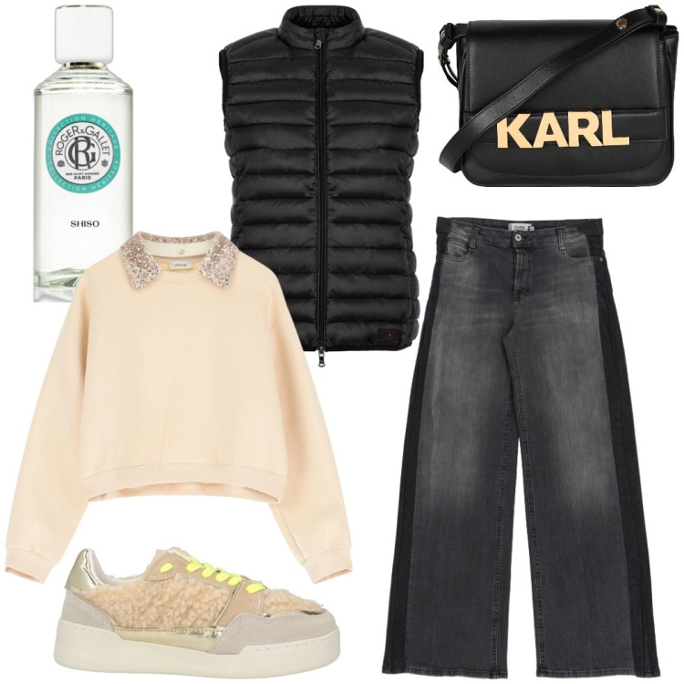 Outfit donna - Total look #2055656. Stile Casual chic per Tutti i giorni. Abbinamento con sneakers, borse a tracolla, profumi, jeans, felpe, piumini.