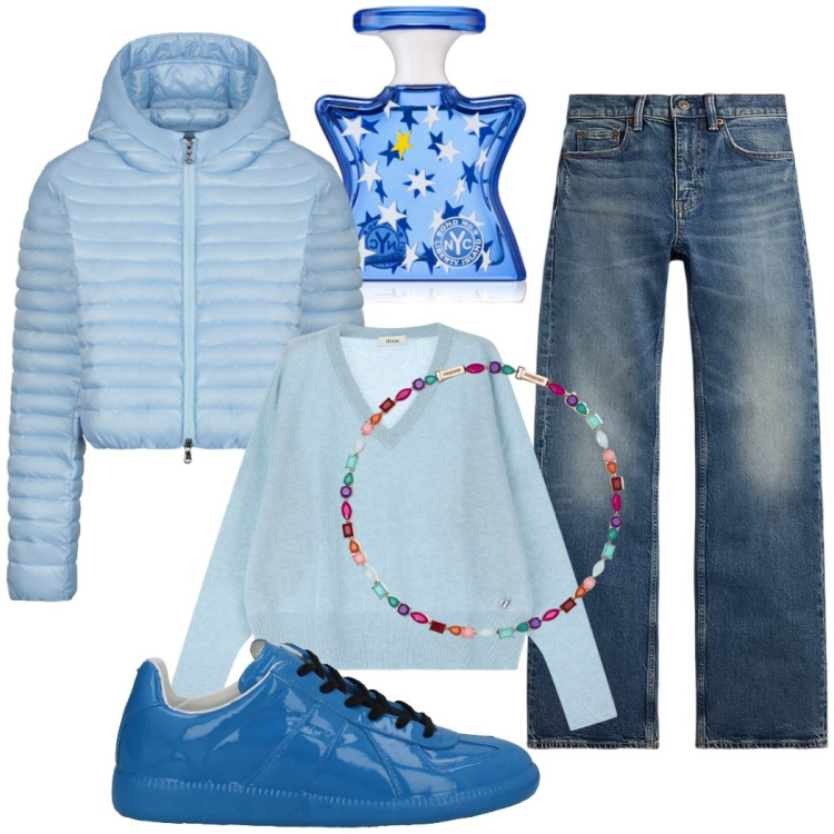 Outfit donna - Azzurro cielo. Stile Casual chic per Scuola/Università. Abbinamento con sneakers, profumi, collane, pullovers, jeans bootcut, piumini.