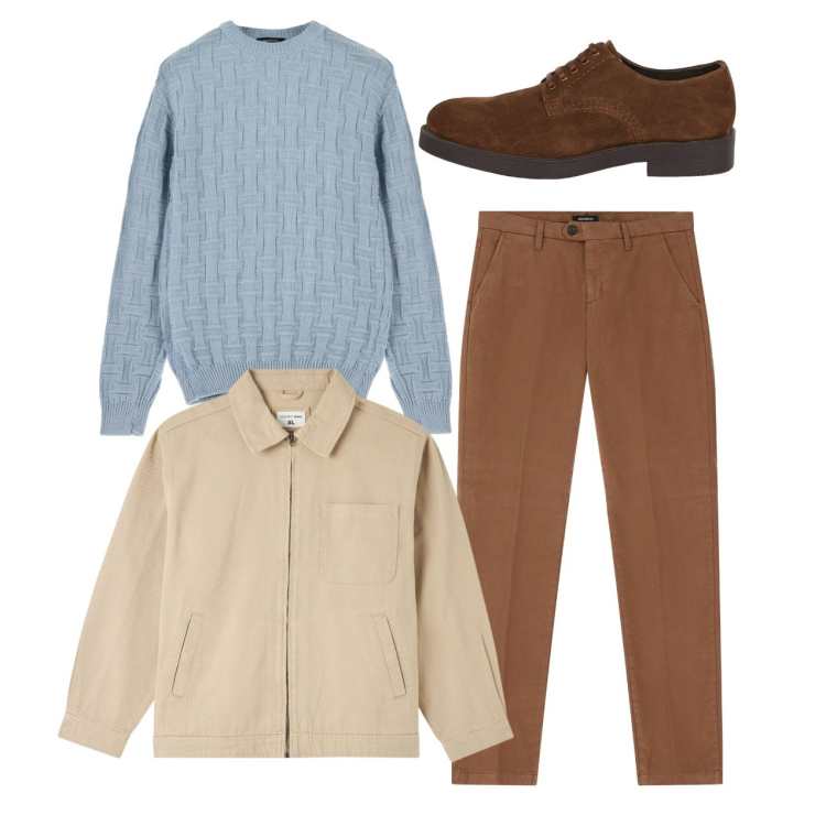 Outfit uomo - Tabacco e polvere. Stile Casual per Tutti i giorni. Abbinamento con giacche, pantaloni chino, maglieria, scarpe stringate.