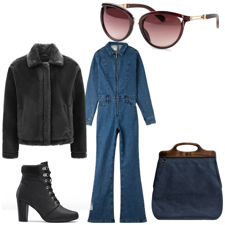 Outfit donna - Denim chic. Stile Casual chic per Ufficio. Abbinamento con stivaletti, occhiali da sole, tute, cappotti, borse a tracolla.