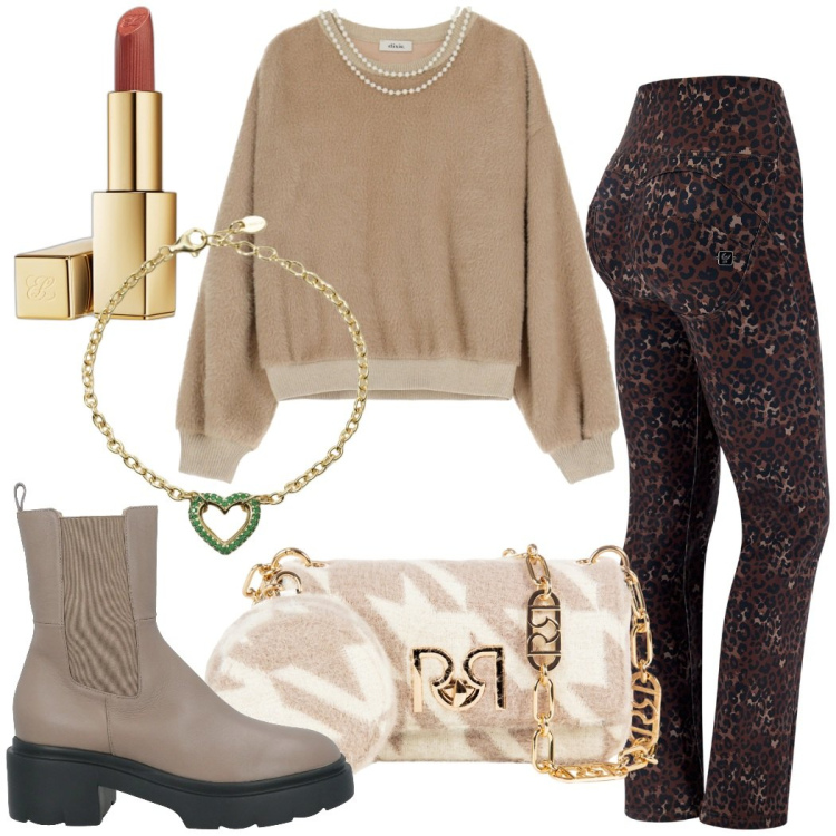 Outfit donna - Total look #2055665. Stile Trendy per Tutti i giorni. Abbinamento con stivaletti, rossetti, braccialetti, borse a tracolla, pantaloni, felpe.