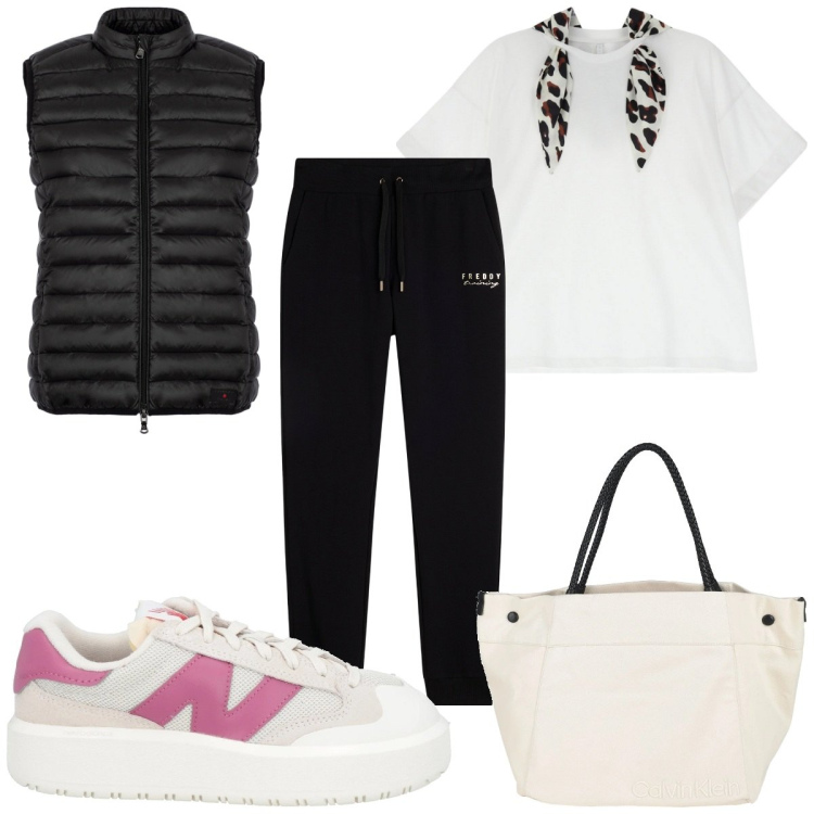 Outfit donna - Total look #2055672. Stile Trendy per Sport. Abbinamento con borse a mano, sneakers, t-shirt, pantaloni, piumini.