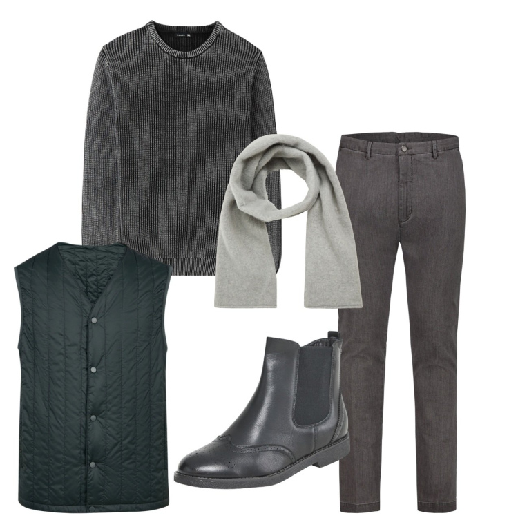Outfit uomo - Giornata grigia. Stile Casual per Tutti i giorni. Abbinamento con stivali e stivaletti, maglieria, sciarpe e foulard, piumini, pantaloni.