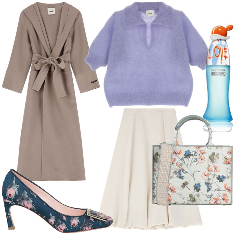 Outfit donna - Fiori. Stile Glamour per Serata fuori. Abbinamento con borse a mano, décolleté, profumi, gonne longuette, maglieria, cappotti.