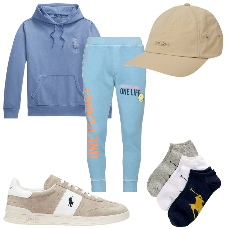 Outfit uomo - Total look #2055685. Stile Trendy per Tutti i giorni. Abbinamento con pantaloni sportivi, calzini, felpe con cappuccio, sneakers, cappelli.