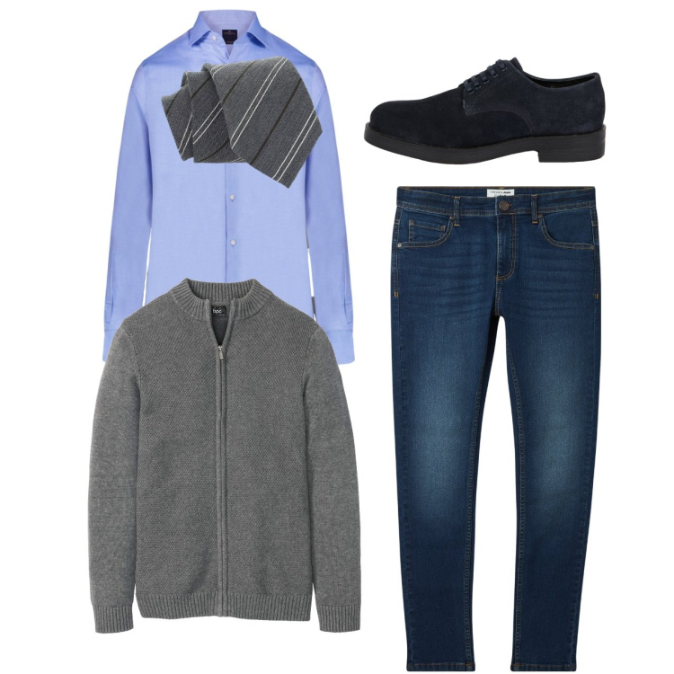 Outfit uomo - Qualcosa di classico. Stile Casual per Ufficio. Abbinamento con cardigans, jeans skinny, cravatte, camicie, scarpe stringate.