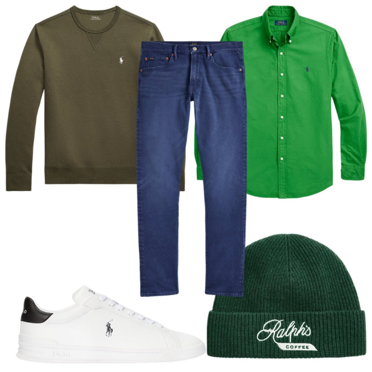 Outfit uomo - Total look #2055689. Stile Trendy per Tutti i giorni. Abbinamento con sneakers, jeans, camicie, berretti, felpe.