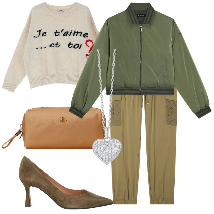 Outfit donna - Je t aime. Stile Trendy per Serata fuori. Abbinamento con décolleté, collane, bomber, pantaloni cargo, maglieria, pochette.
