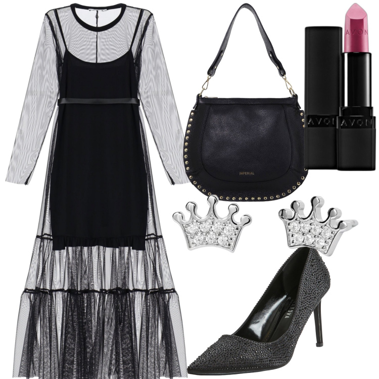 Outfit donna - La sua regina. Stile Glamour per Serata fuori. Abbinamento con rossetti, décolleté, orecchini, vestiti lunghi, borse a spalla.