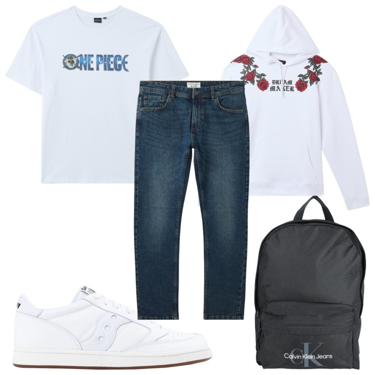 Outfit uomo - Total look #2055705. Stile Trendy per Tutti i giorni. Abbinamento con borse sportive, sneakers, jeans, t-shirt, felpe con cappuccio.