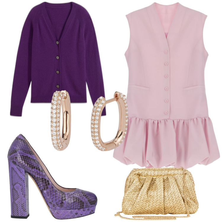 Outfit donna - L abito baby la scarpa strong. Stile Trendy per Serata fuori. Abbinamento con cardigans, décolleté, orecchini, clutch, vestiti corti.