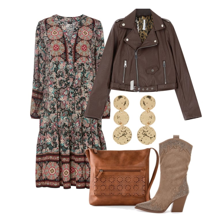 Outfit donna - Stile Boho Biker - Focus Donna Curvy Ita. Stile Boho per Tutti i giorni. Abbinamento con vestiti, borse a tracolla, giacche, stivali, orecchini.