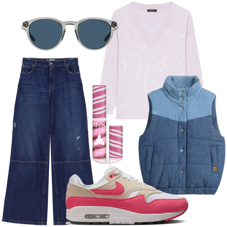 Outfit donna - A lezione. Stile Casual per Scuola/Università. Abbinamento con gilet, gloss, jeans a zampa, occhiali da sole, maglieria, sneakers.