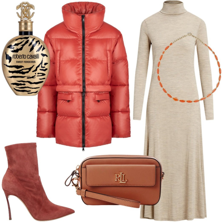 Outfit donna - Total look #2055749. Stile Chic per Tutti i giorni. Abbinamento con stivaletti, profumi, pochette, vestiti, piumini, collane.