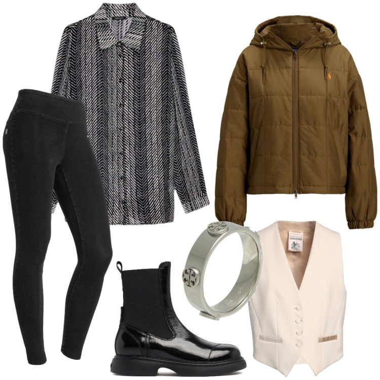 Outfit donna - Total look #2055755. Stile Mannish per Tutti i giorni. Abbinamento con gilet, anelli, jeggings, giacche, stivaletti chelsea, camicie.