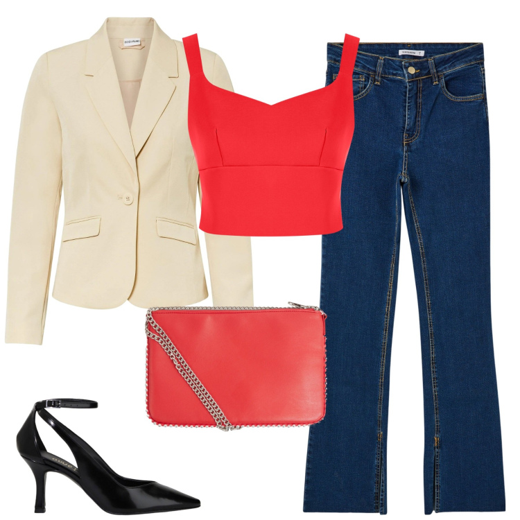 Outfit donna - San Valentino. Stile Casual chic per Serata fuori. Abbinamento con blazer, borse a tracolla, jeans dritti, top, décolleté.