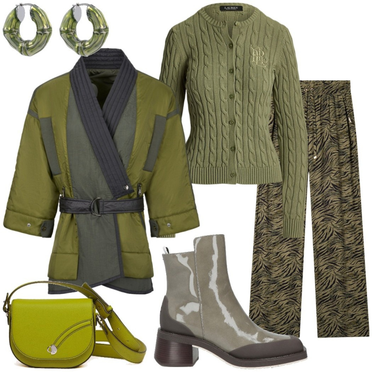 Outfit donna - Total green. Stile Chic per Tutti i giorni. Abbinamento con stivaletti, pantaloni, kimono, cardigans, borse a tracolla, orecchini.