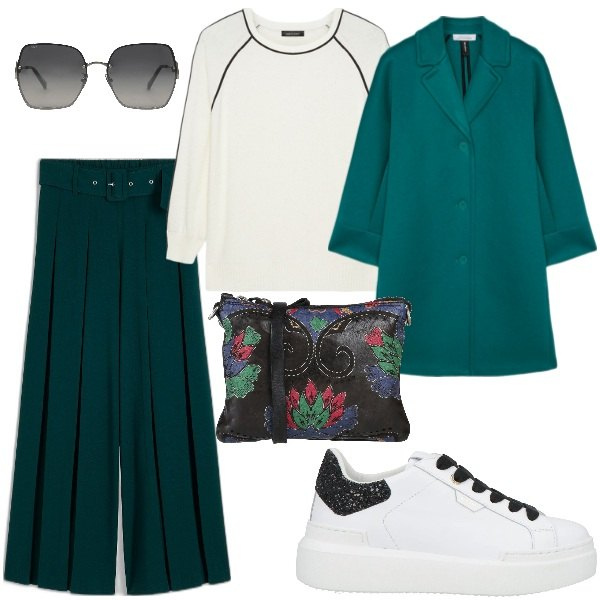 Outfit donna - Domenica di Febbraio. Stile Casual chic per Tutti i giorni. Abbinamento con pantaloni, borse a tracolla, sneakers, occhiali da sole, maglieria, cappotti.